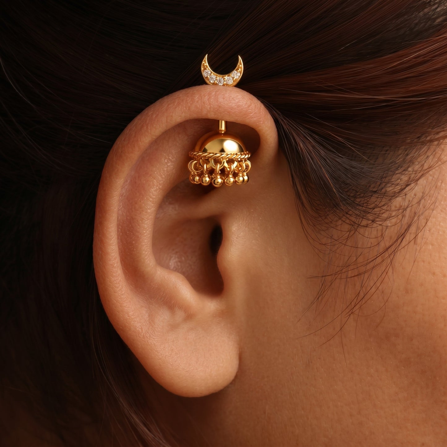 SILVER JHUMKA WITH STONE MOON TOP BUGADI