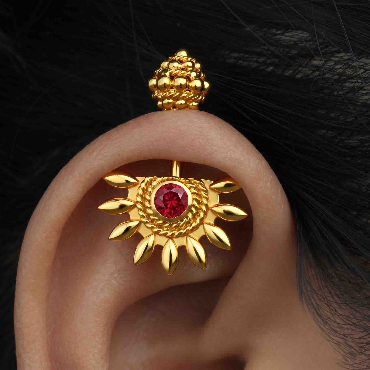 Silver Bugadi Sun Shikhara Top Gold Ruby Red Design