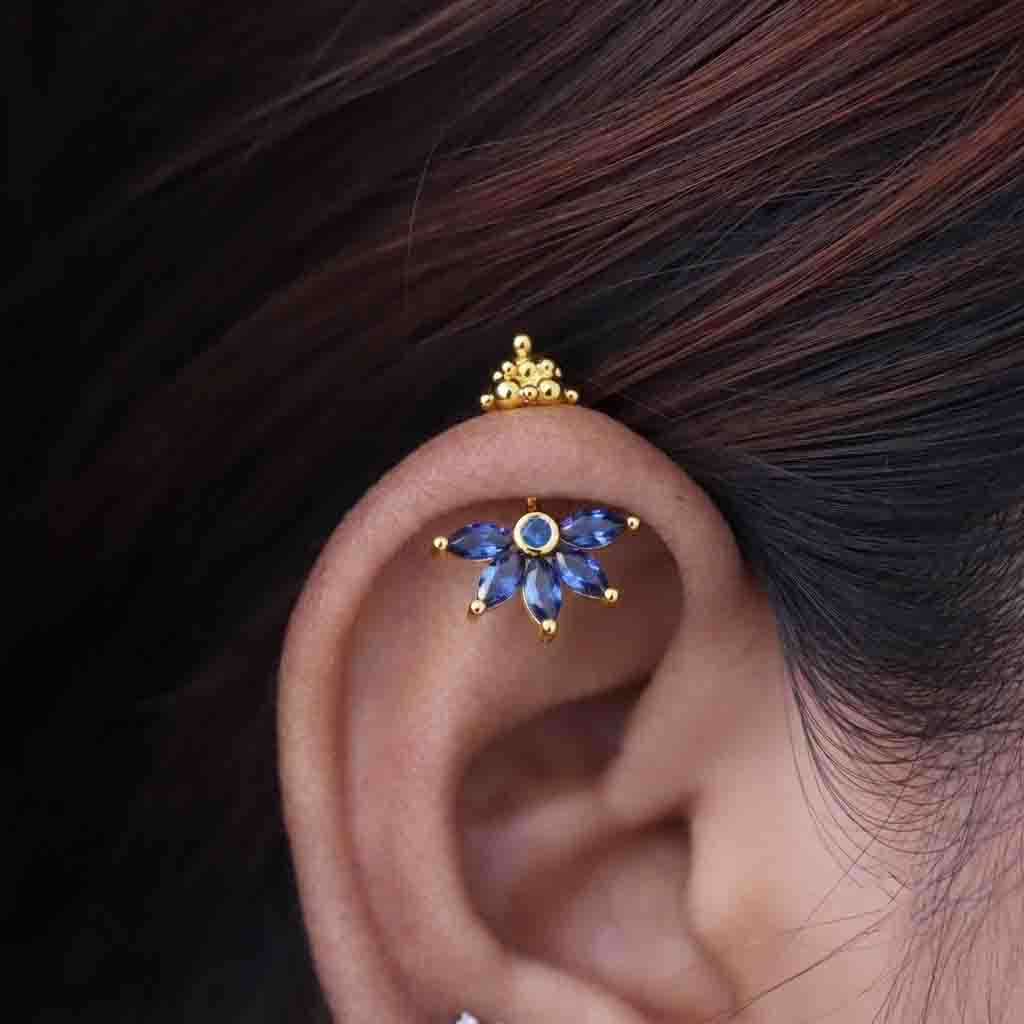Silver Bugadi 5 Marquis Blue Stone Gopuram Top Diamond Design