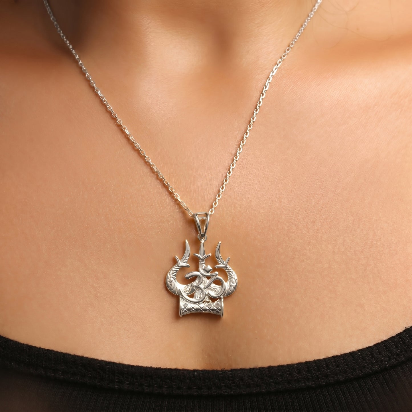 Silver Pendant Om Trishul Damru Design