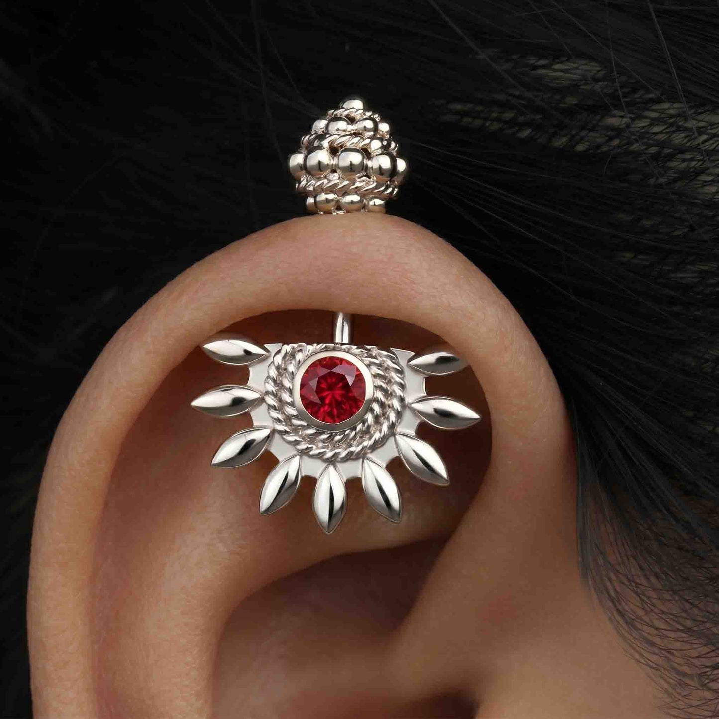 Silver Bugadi Sun Shikhara Top Gold Ruby Red Design