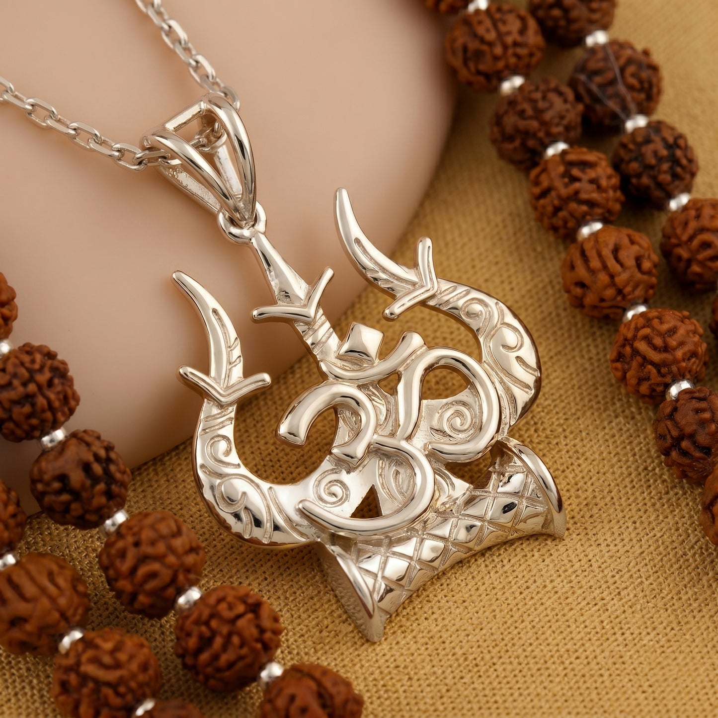 Silver Pendant Om Trishul Damru Design