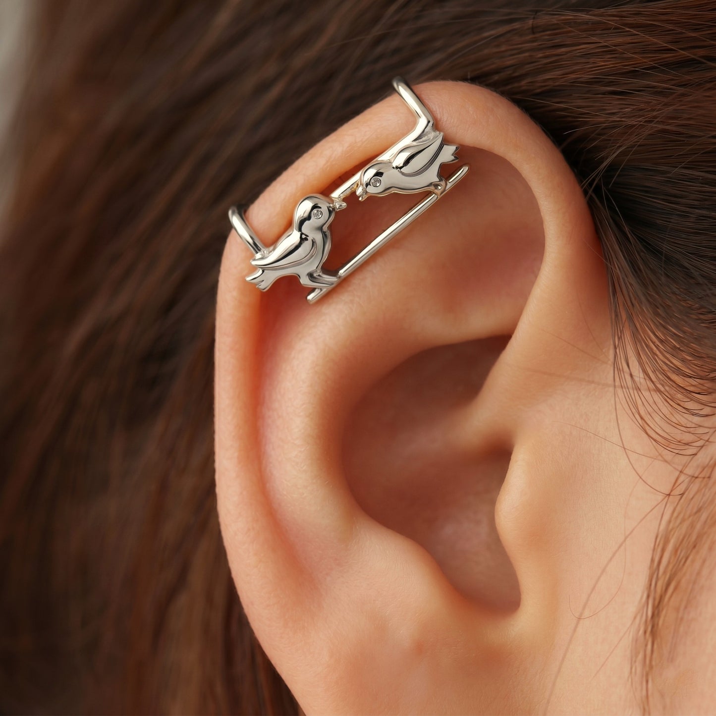 Silver Ear Cuff Sparrow Couple Design