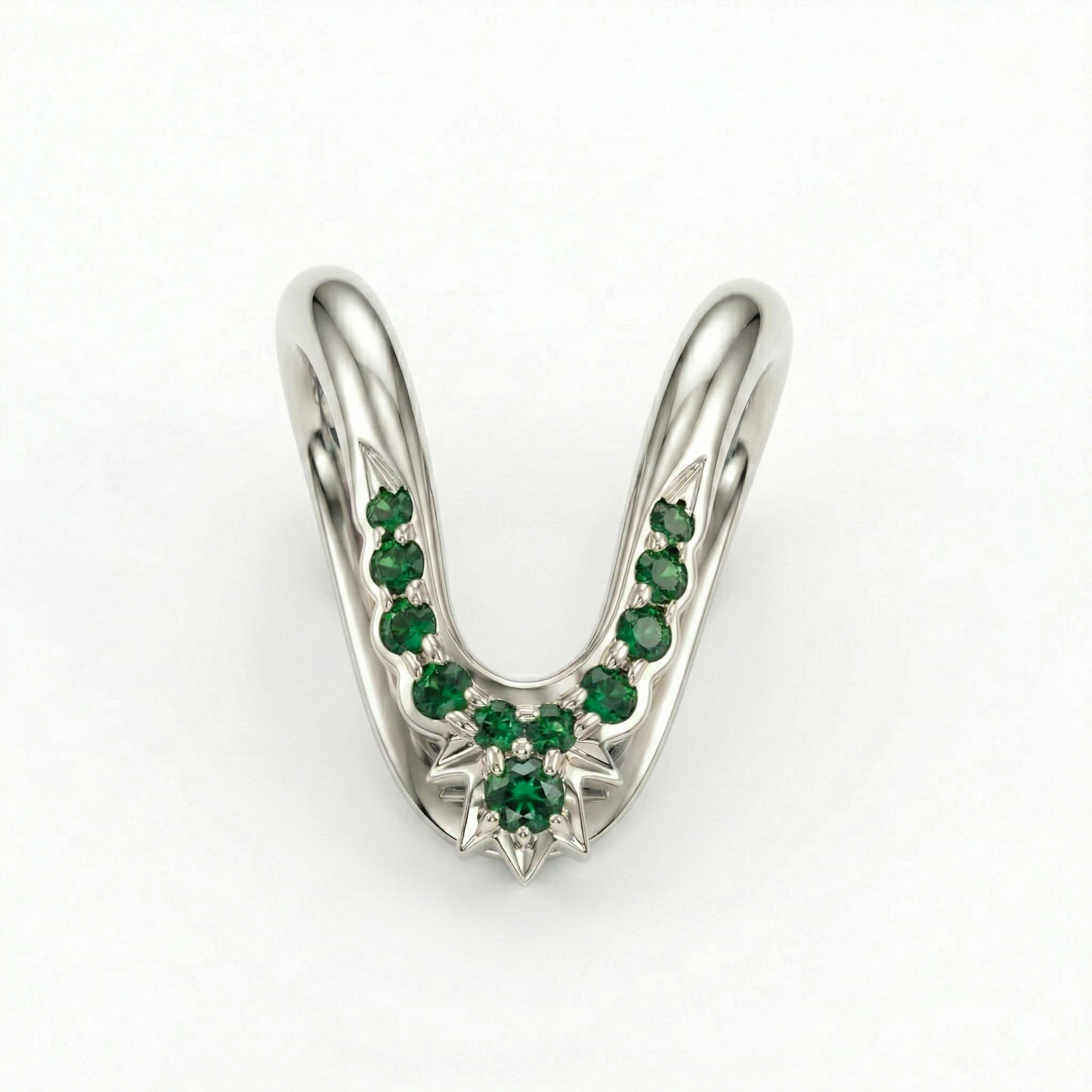 Silver Emerald Stone V Ring