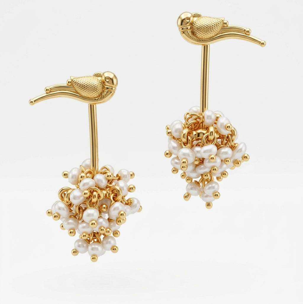Silver Pearl Bunch Jhumka With Bird top Design
