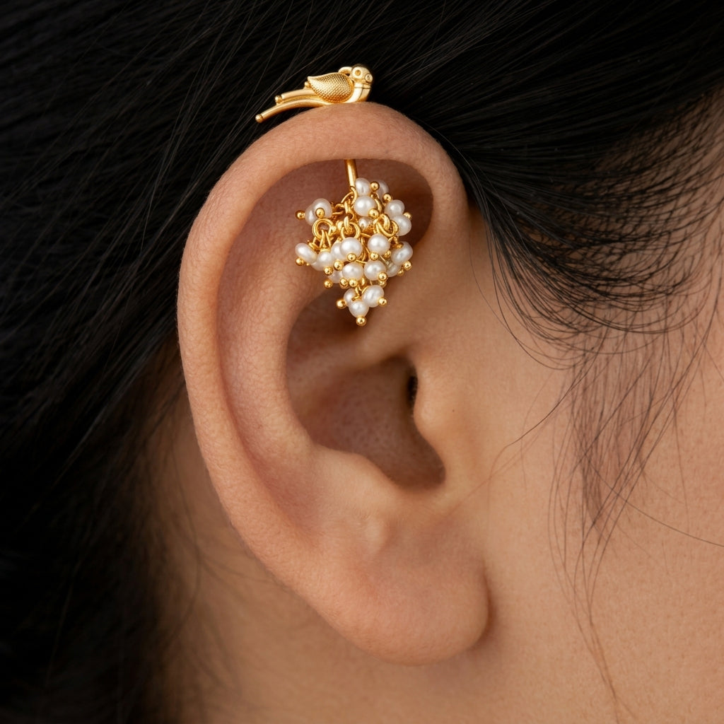 Silver Pearl Bunch Jhumka With Bird top Design