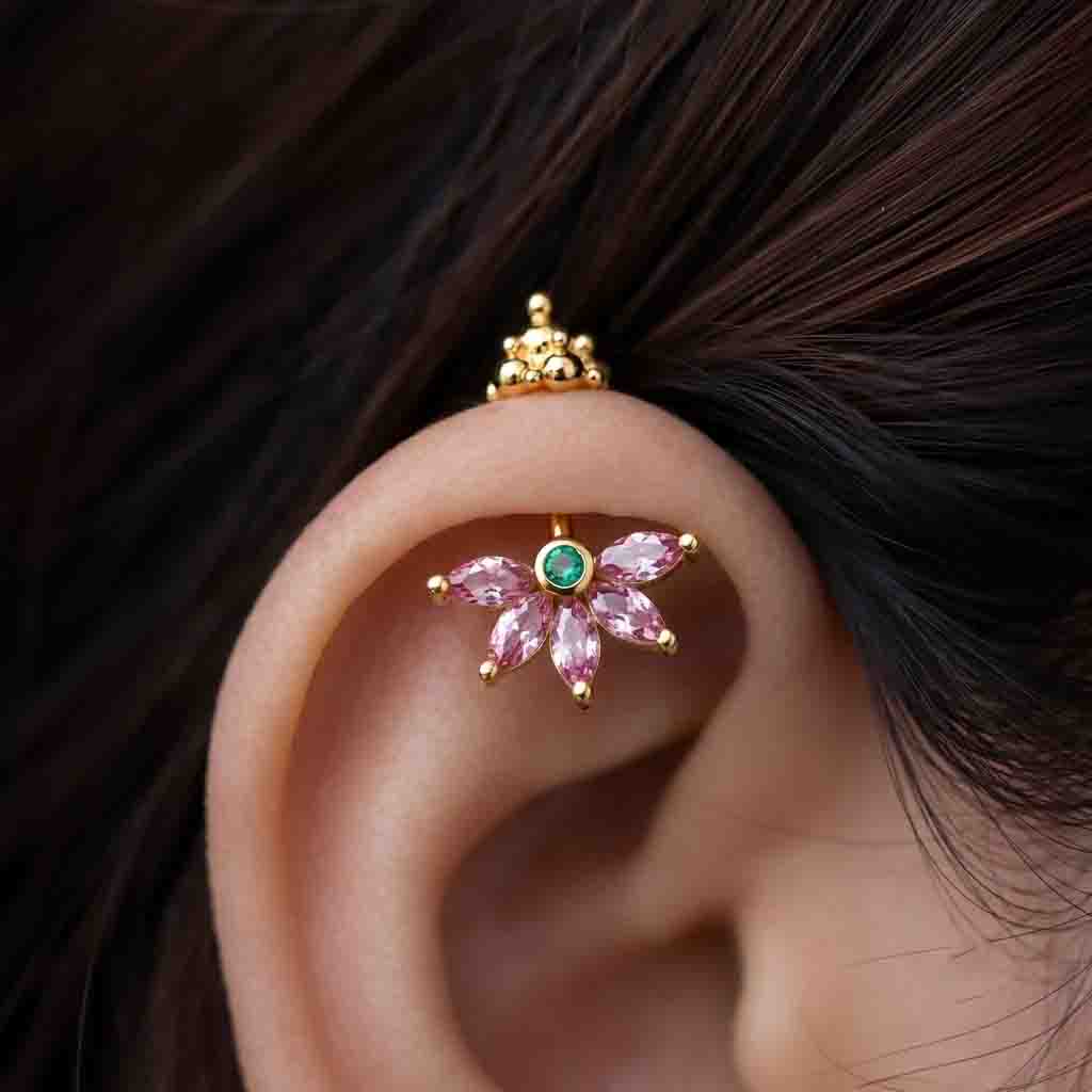 Silver Bugadi 5 Marquis Light Pink With MG Stone Gopuram Top Diamond Design