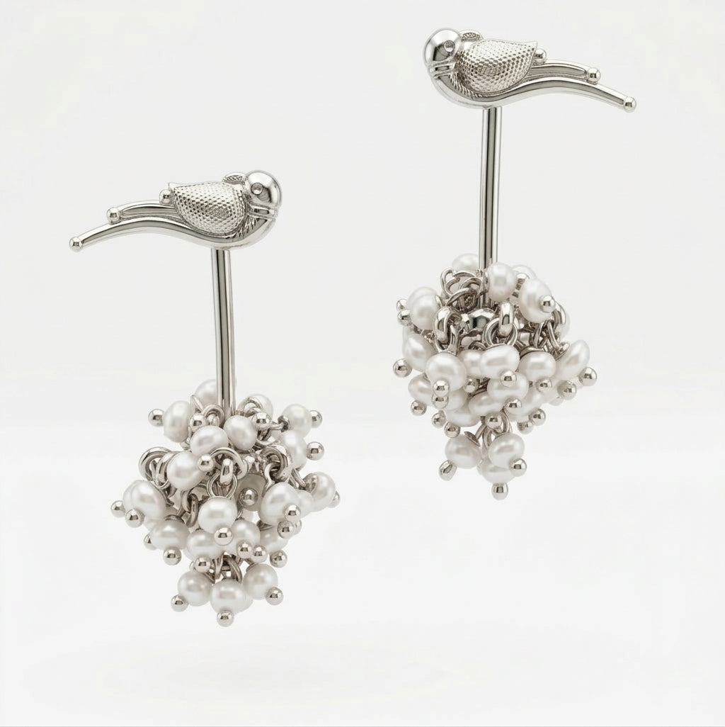 Silver Pearl Bunch Jhumka With Bird top Design