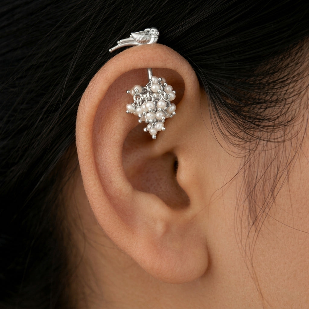 Silver Pearl Bunch Jhumka With Bird top Design