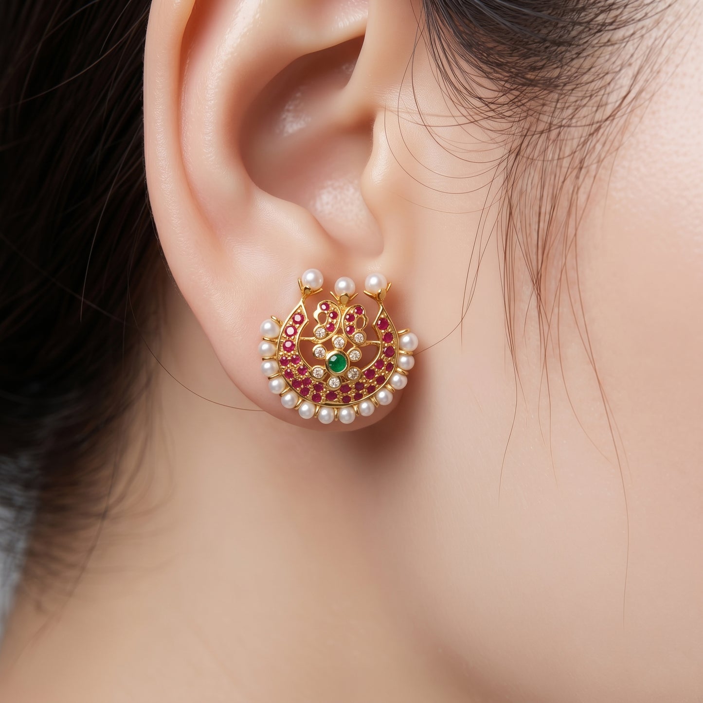 Silver Pearl Earring Sun Moon Mandala Stud