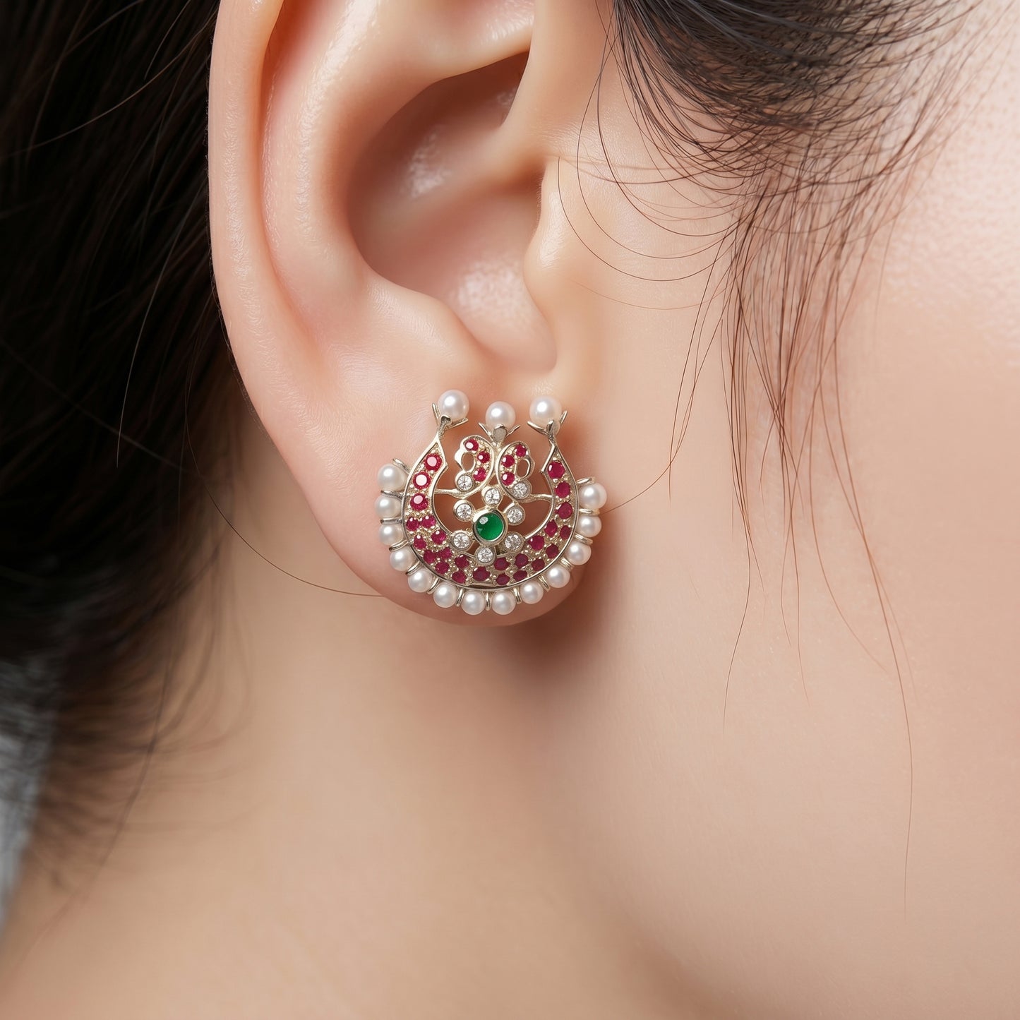 Silver Pearl Earring Sun Moon Mandala Stud