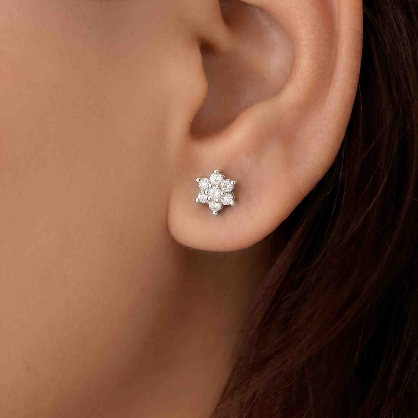 Silver Stone Set Flower Ear Studs