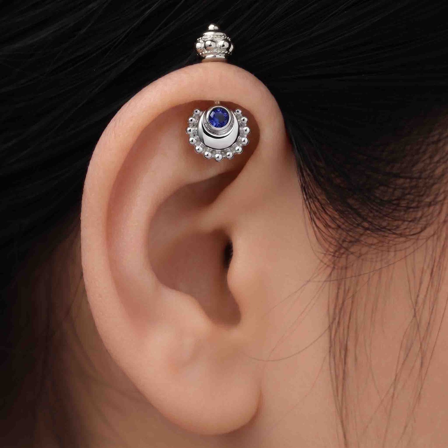 Silver Bugadi Circle Moon Gada Top Sapphire Blue Design