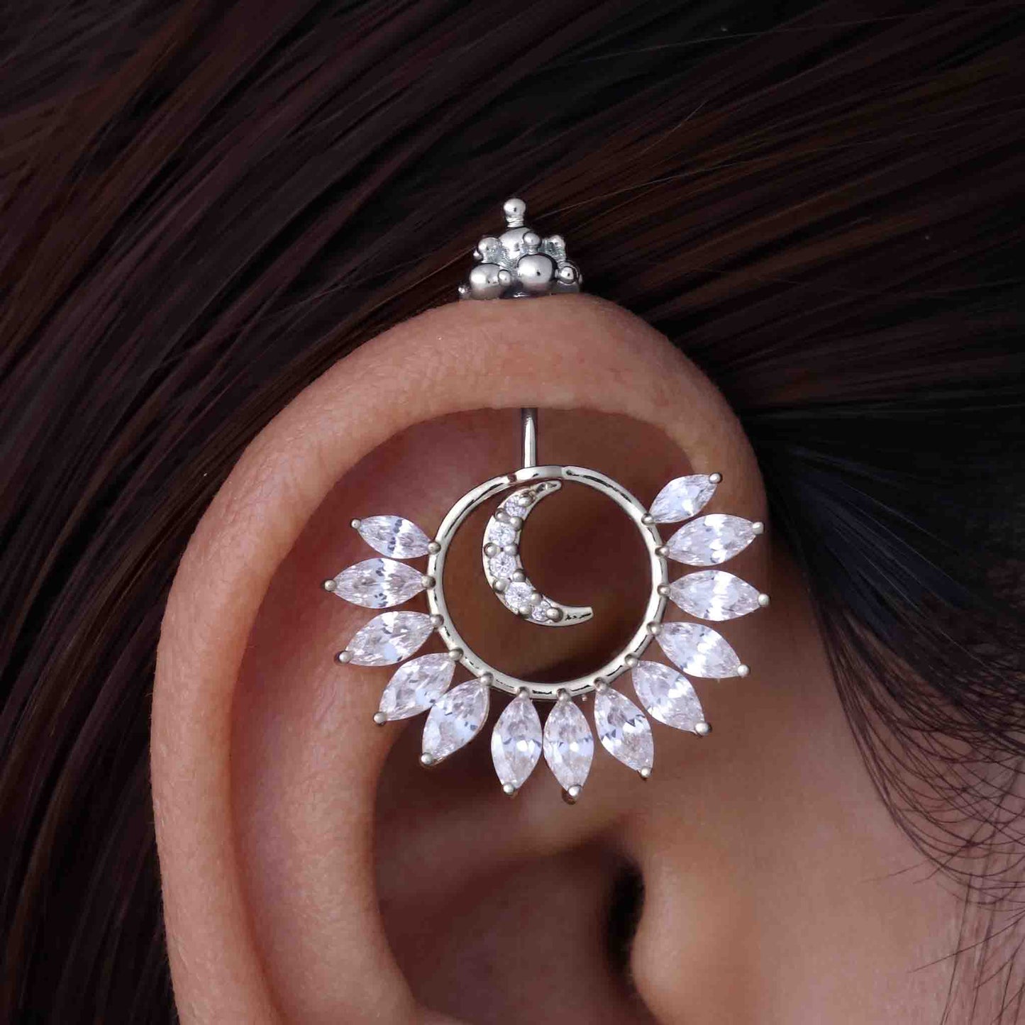 Silver Bugadi Celestial Moon Kalash Top Diamond Design With Pushpa Petal Jacket