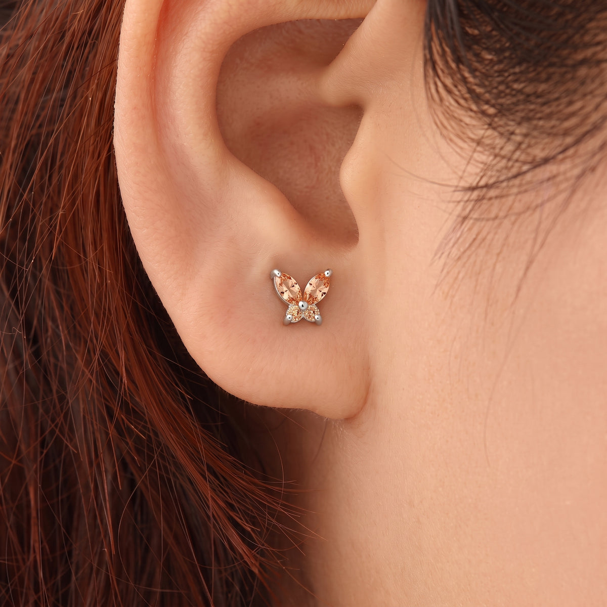 Silver Marquis Butterfly champagne Stone Stud Earrings