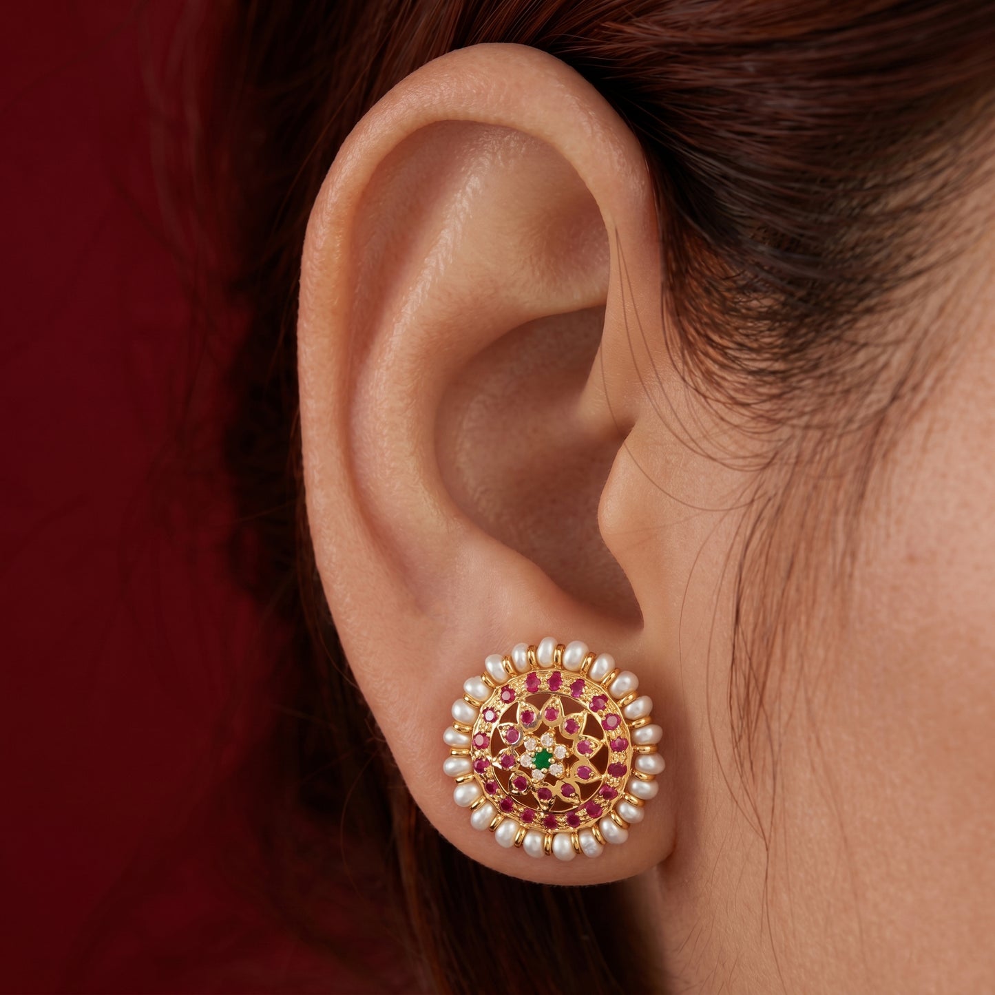 Silver Pearl Earring Sun Moon Mandala Stud