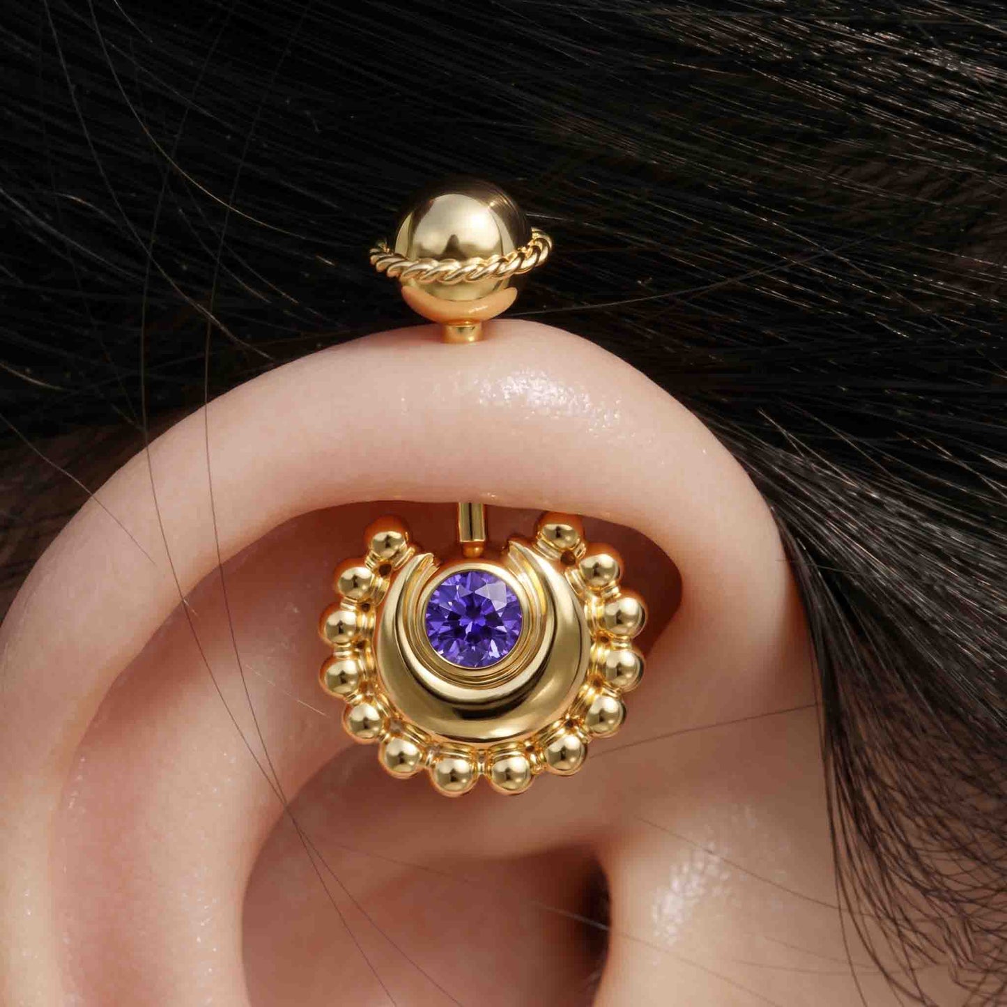 Silver Bugadi Circle Moon Wired Ball Top Purple Amethyst Design