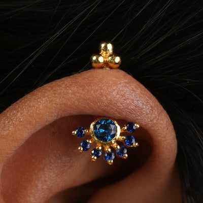 Silver Bugadi Aster Flower 4 Bead Top Gold Blue Sapphire Design