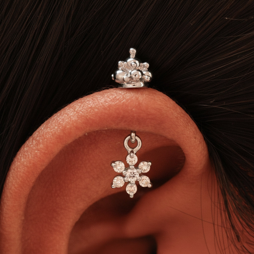 Silver Bugadi 7 Stone Flower Hanging Gopuram Top Diamond Design