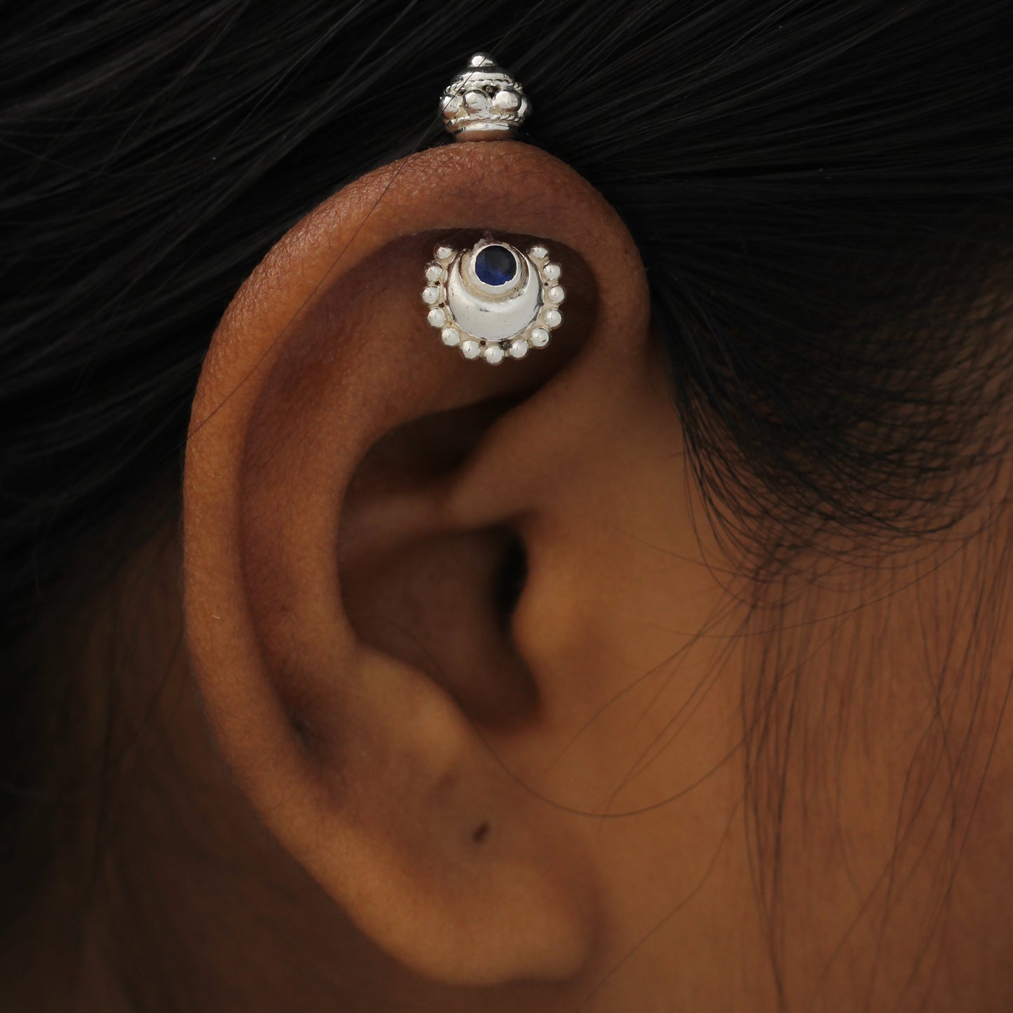 Silver Bugadi Circle Moon Gada Top Sapphire Blue Design