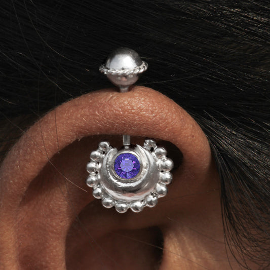 Silver Bugadi Circle Moon Wired Ball Top Purple Amethyst Design