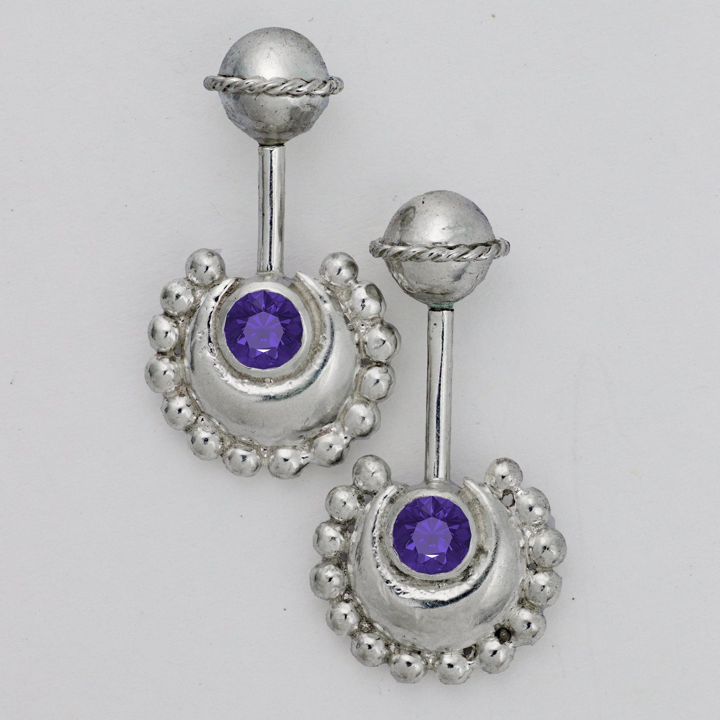 Silver Bugadi Circle Moon Wired Ball Top Purple Amethyst Design