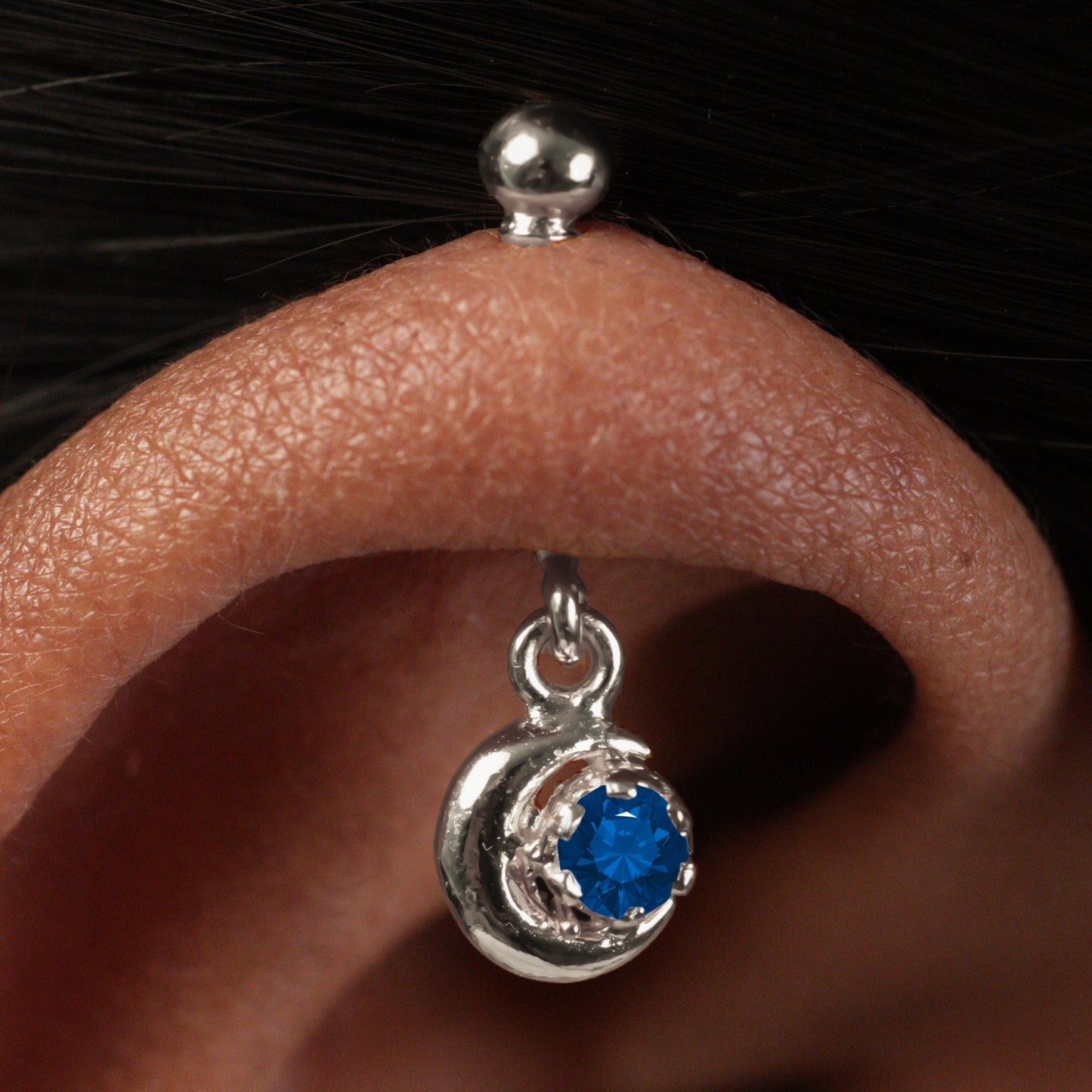 Silver Bugadi Crescent Moon Hanging Ball Top Sapphire Blue Design