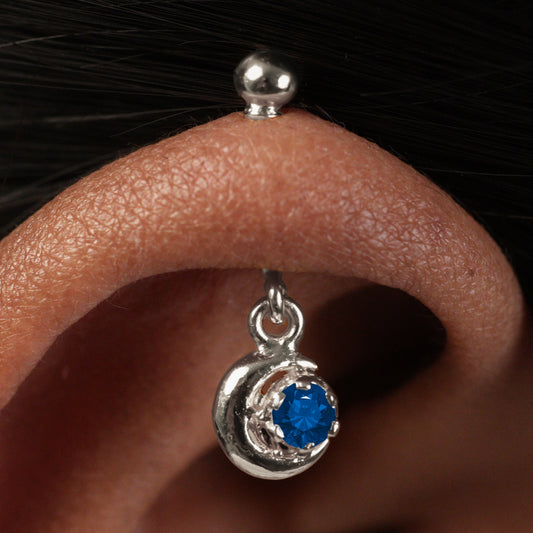 Silver Bugadi Crescent Moon Hanging Ball Top Sapphire Blue Design