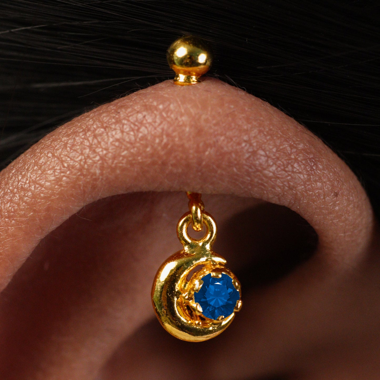 Silver Bugadi Crescent Moon Hanging Ball Top Gold Sapphire Blue Design