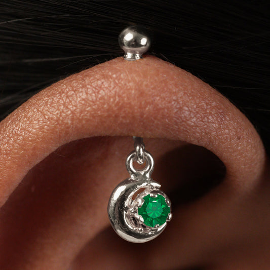 Silver Bugadi Crescent Moon Hanging Ball Top Emerald Green Design
