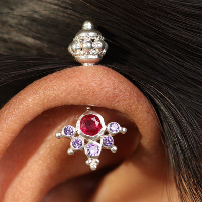 Silver Bugadi 6 Stone Mookuthi Gada Top Ruby Red & Amethyst Purple Design