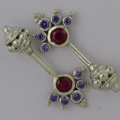 Silver Bugadi 6 Stone Mookuthi Gada Top Ruby Red & Amethyst Purple Design