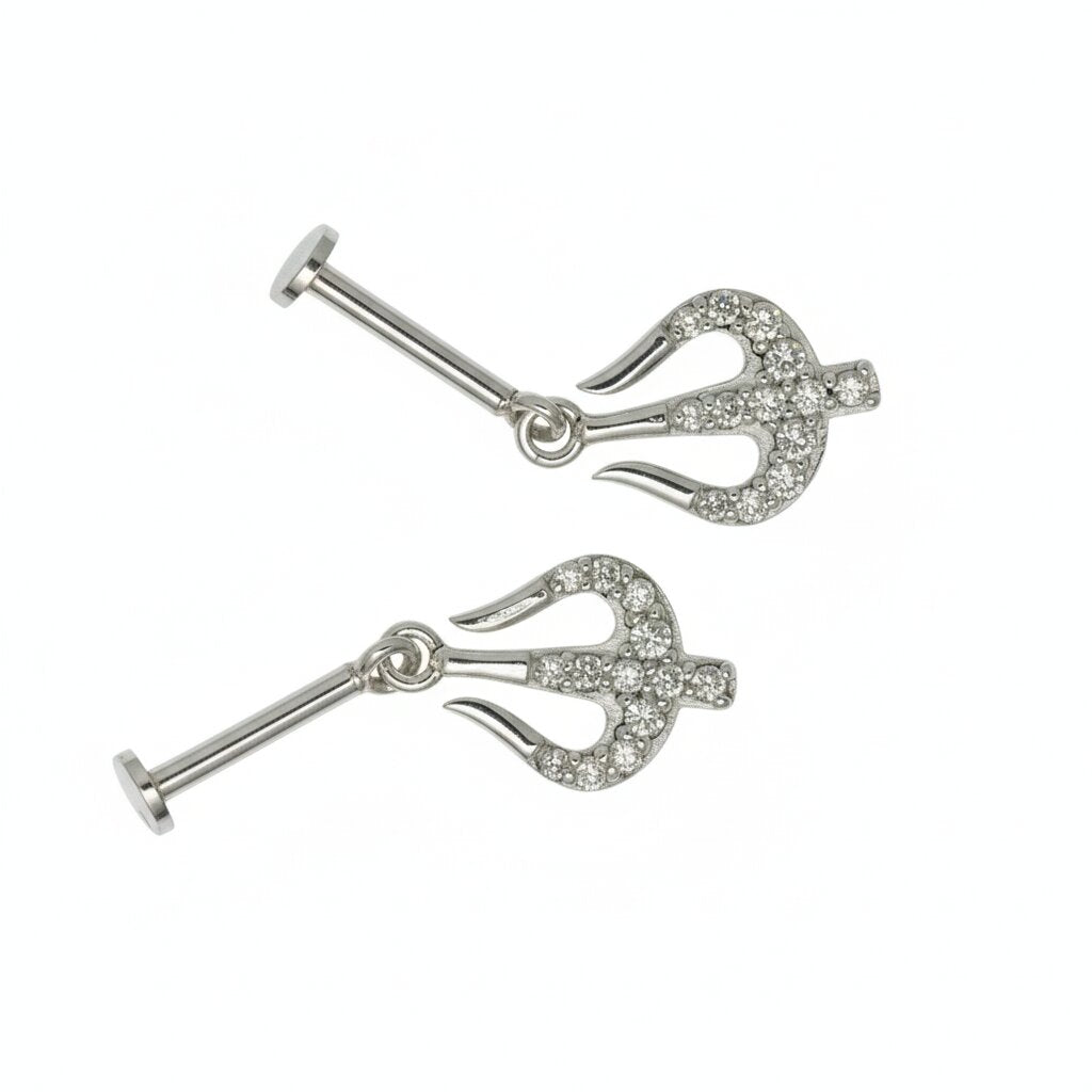 Silver Bugadi Trisul Hanging Flat Top Diamond Design
