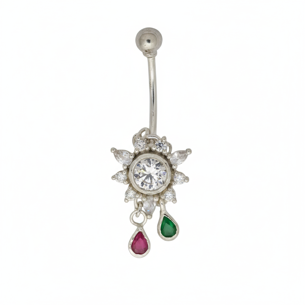 Silver Belly Piercing Vira Ball Top & Drop Diamond Design