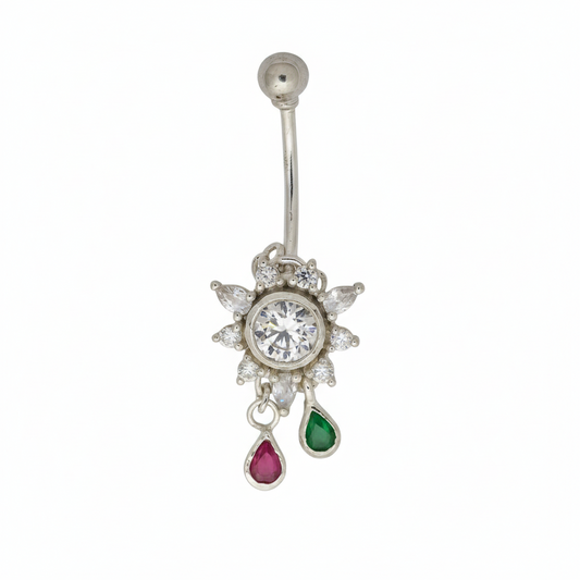 Silver Belly Piercing Vira Ball Top & Drop Diamond Design