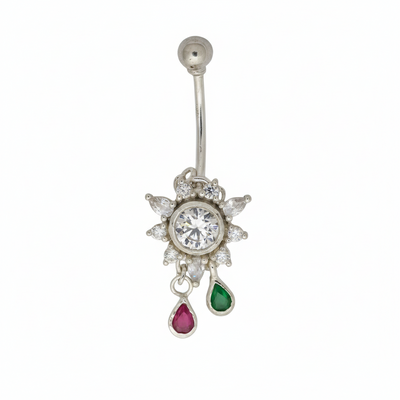 Silver Belly Piercing Vira Ball Top & Drop Diamond Design