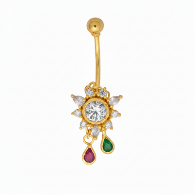 Silver Belly Piercing Vira Ball Top & Drop Diamond Design
