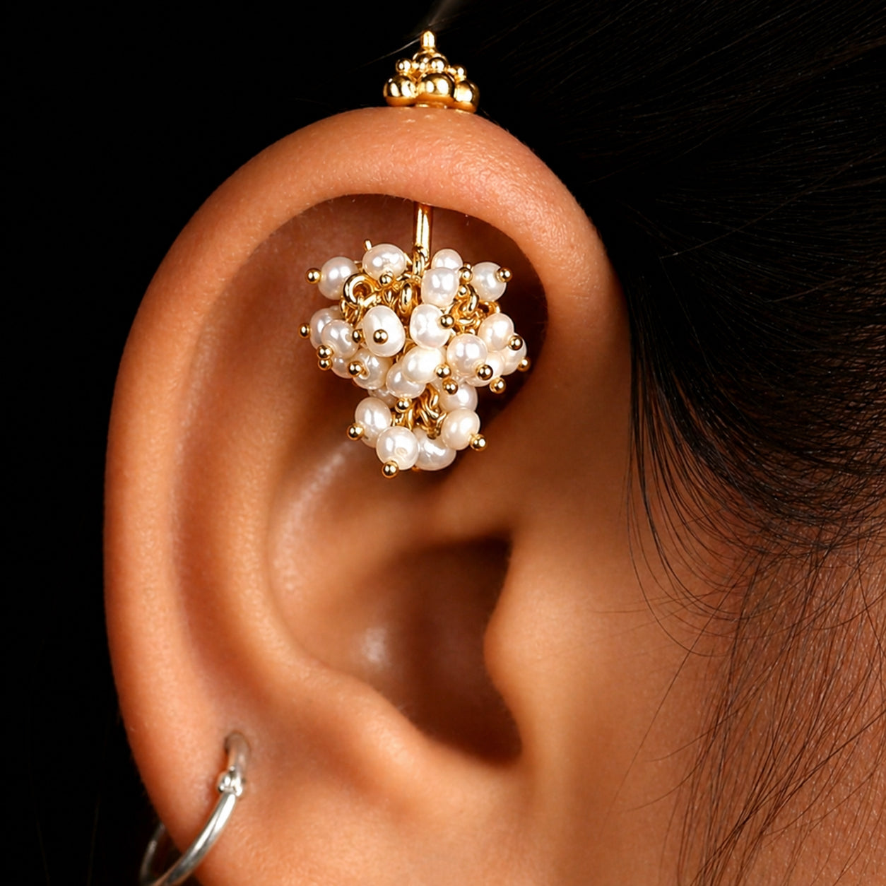 Silver Pearl Bunch Jhumka With Gopuram top Design