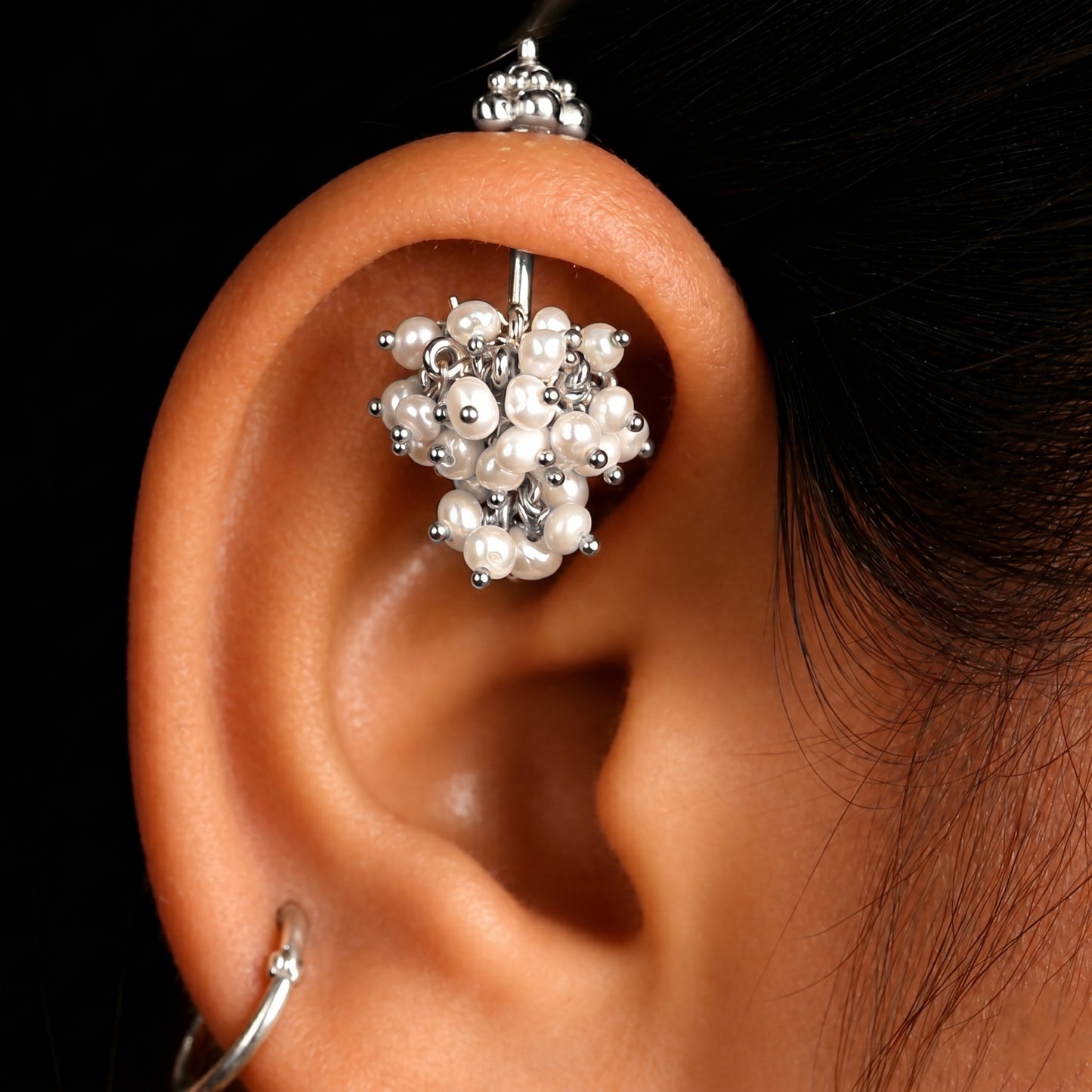 Silver Pearl Bunch Jhumka With Gopuram top Design
