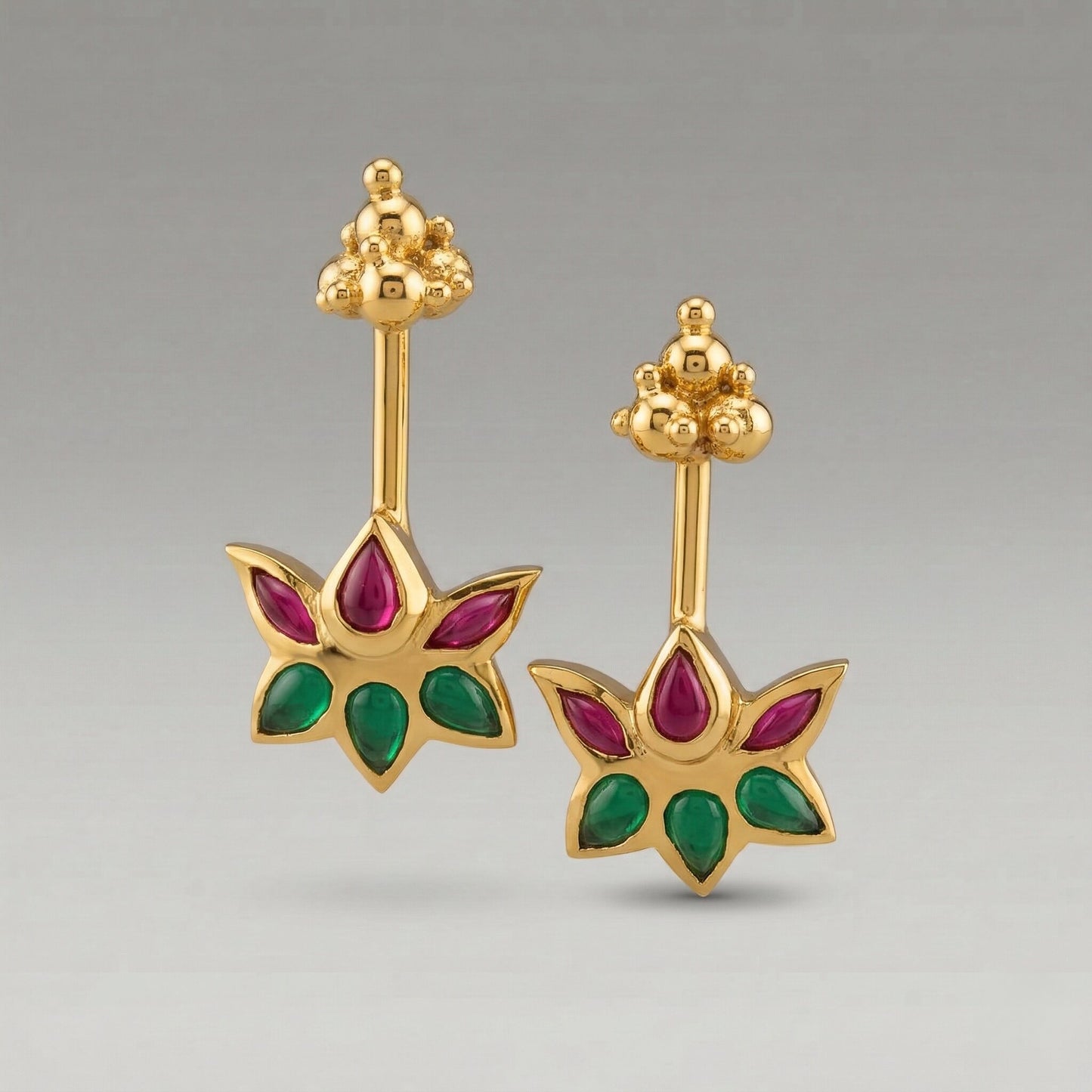 Silver Bugadi Kamp Lotus Gopuram Top Ruby Red Emerald Green Gold Design