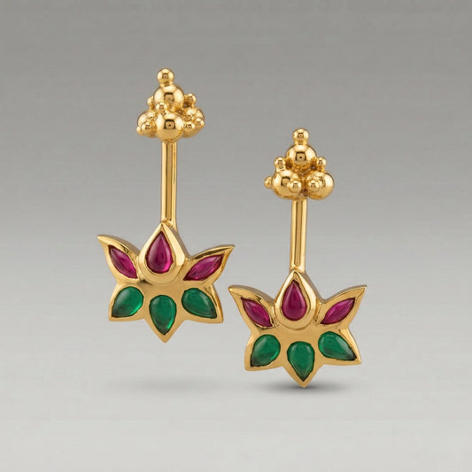 Silver Bugadi Kamp Lotus Gopuram Top Ruby Red Emerald Green Gold Design