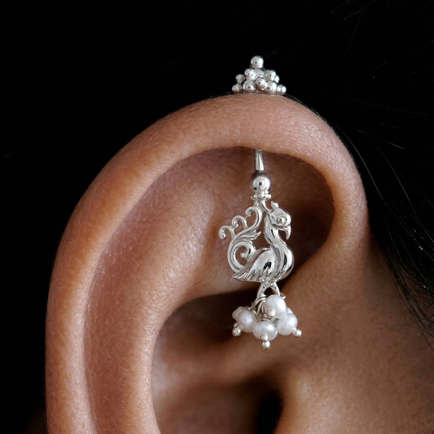 Silver Mayur Gopuram Top With Pearls Bugadi Design