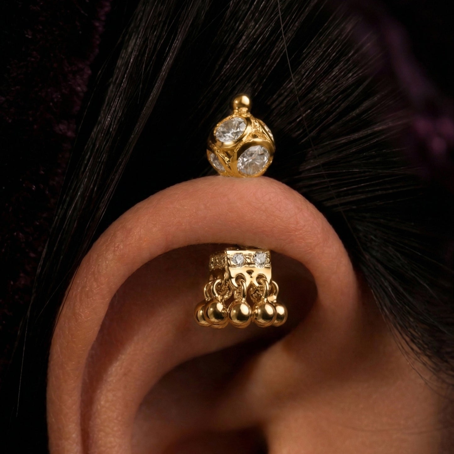 Silver Bugadi Jhumka Stone Square Stone Ball Bead Top Gold Diamond Design