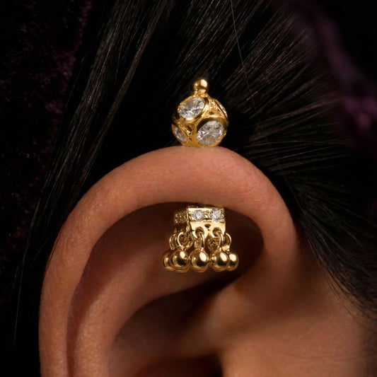 Silver Bugadi Jhumka Stone Square Stone Ball Bead Top Gold Diamond Design