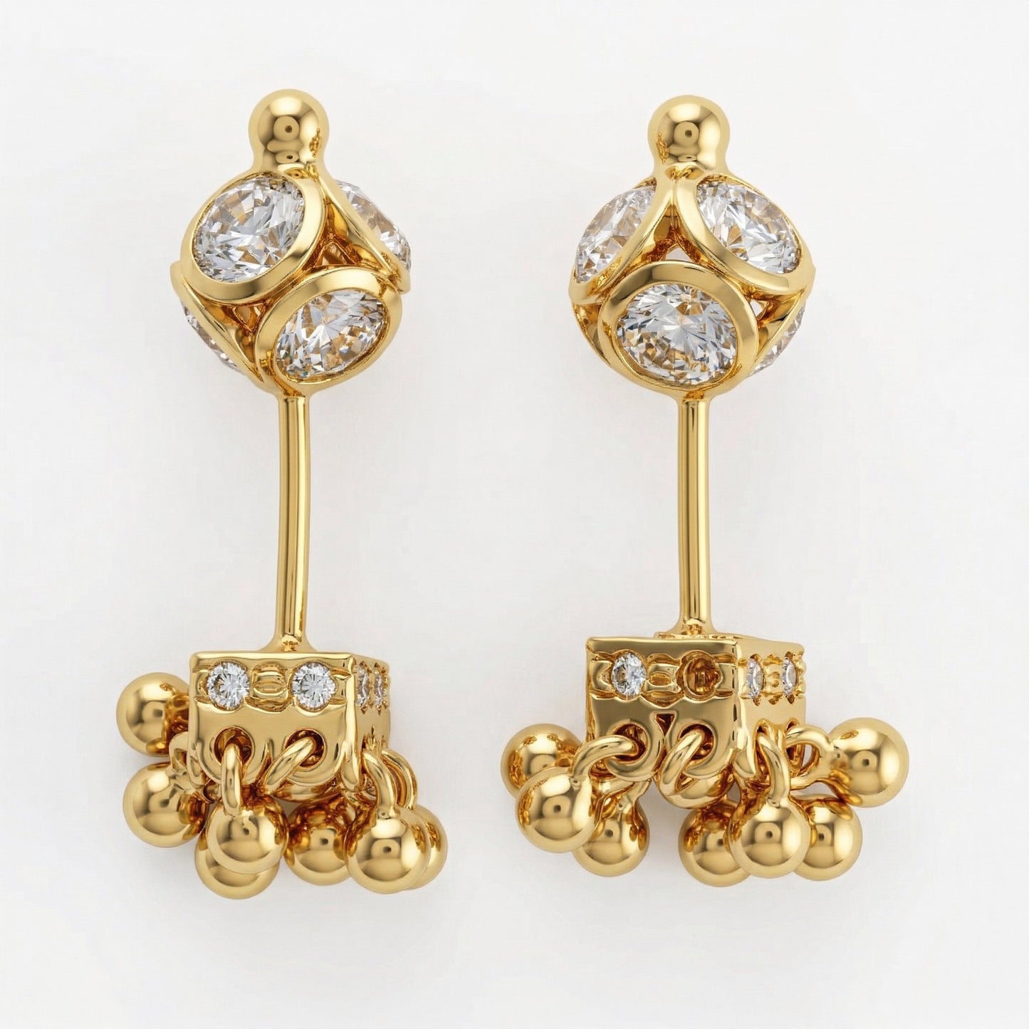 Silver Bugadi Jhumka Stone Square Stone Ball Bead Top Gold Diamond Design