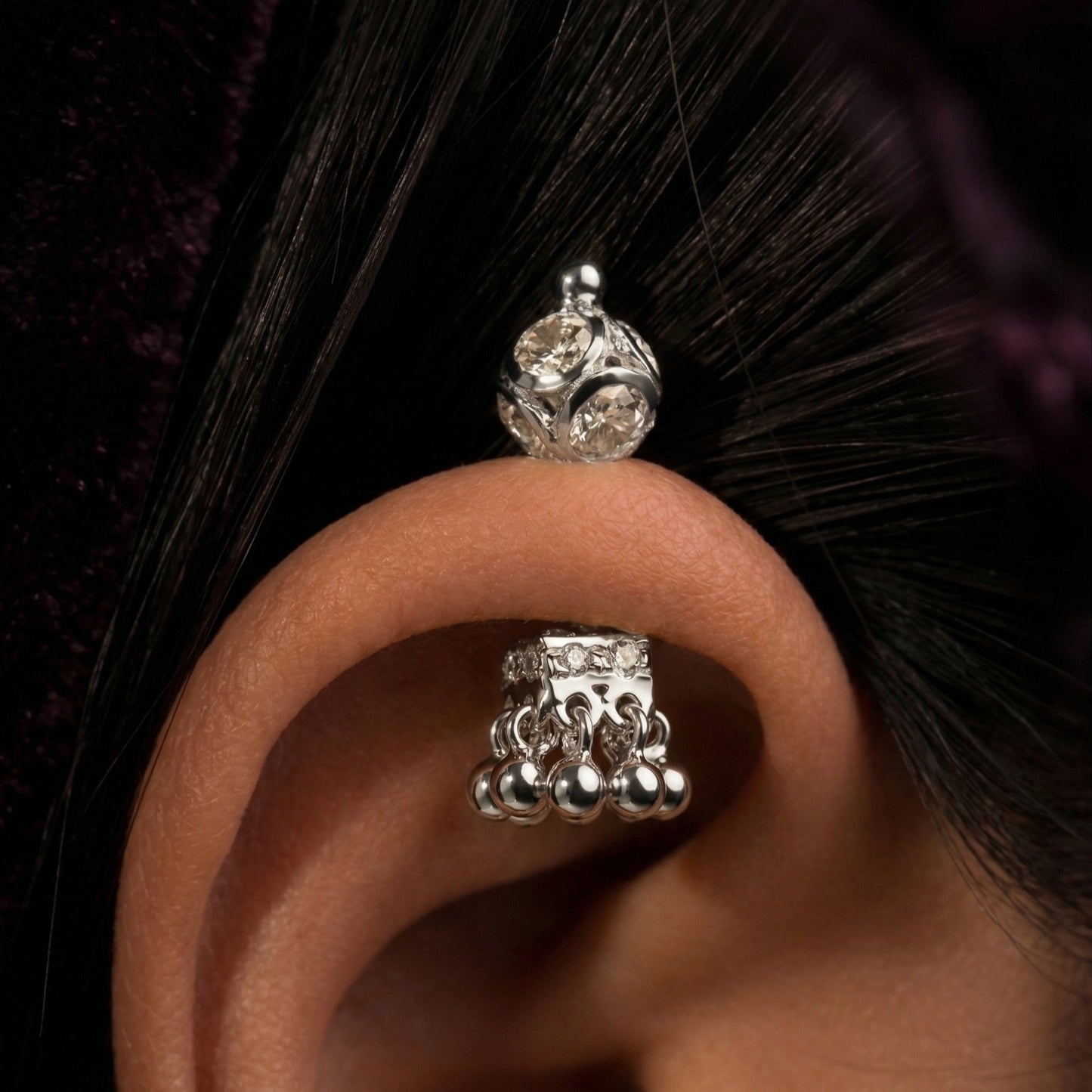 Silver Bugadi Jhumka Stone Square Stone Ball Bead Top Diamond Design