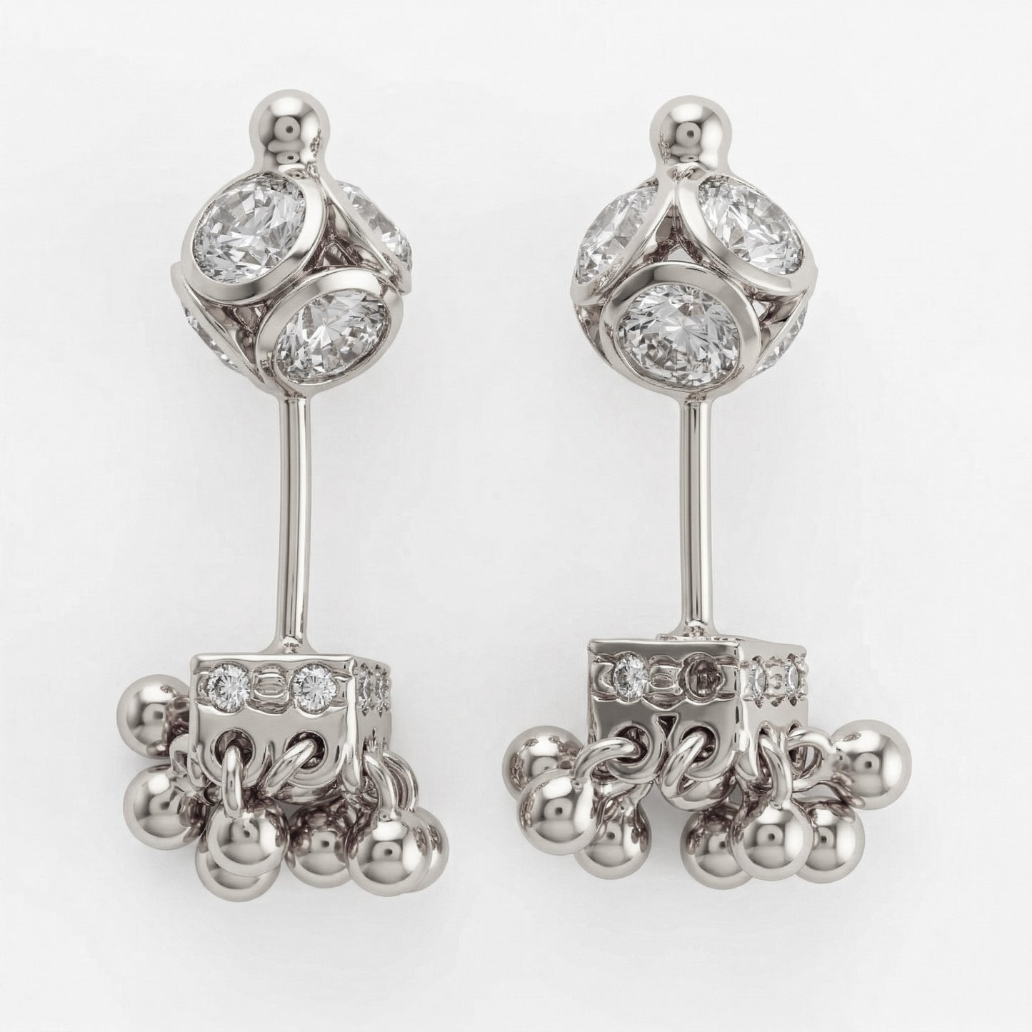 Silver Bugadi Jhumka Stone Square Stone Ball Bead Top Diamond Design