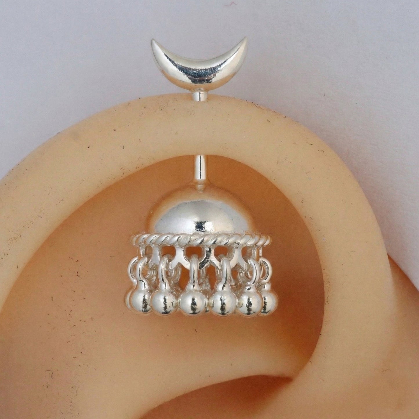 SILVER JHUMKA WITH MOON TOP BUGADI