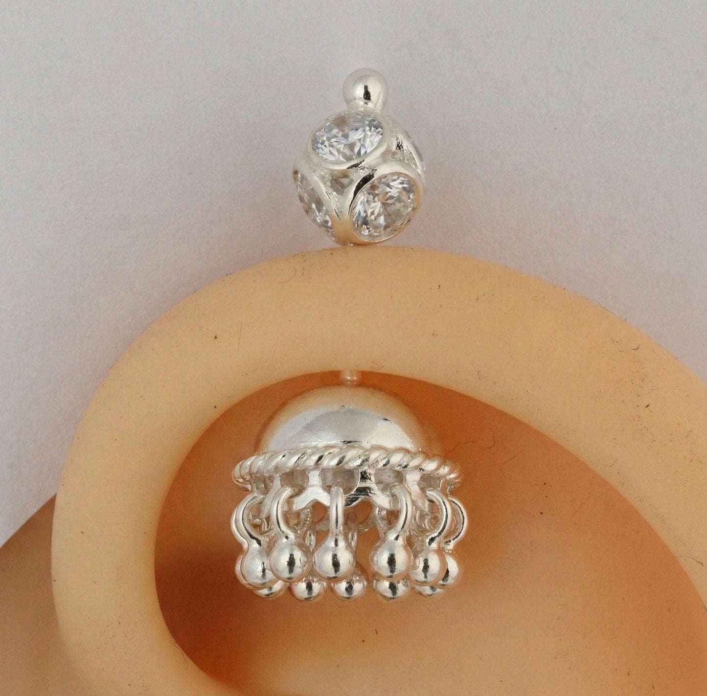 Silver Bugadi Jhumka Stone Ball Top Diamond Design