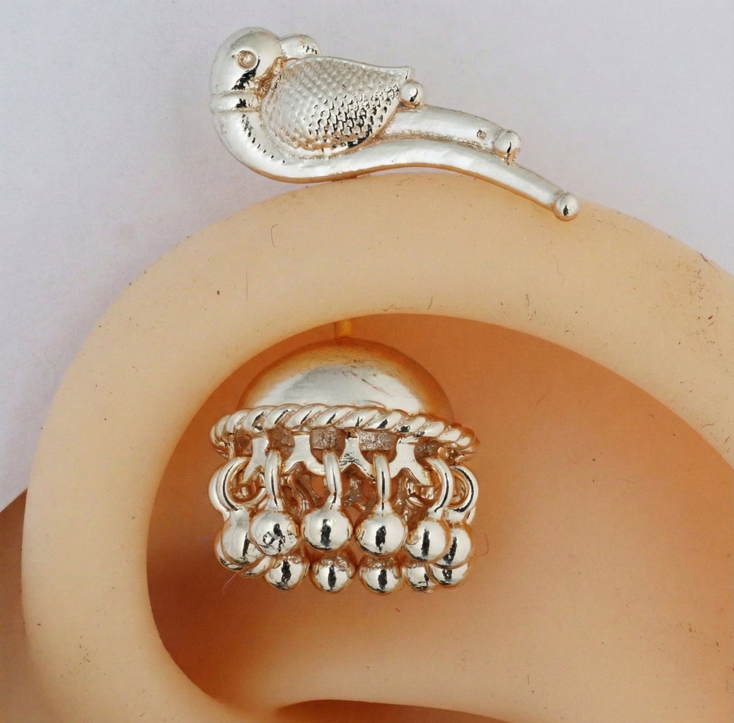 SILVER JHUMKA WITH BIRD TOP BUGADI